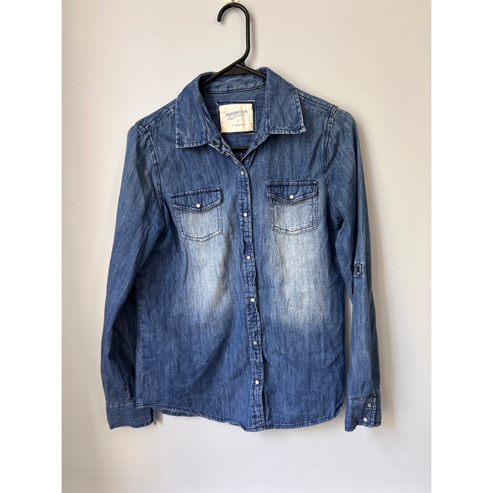 Arizona Jean Co Denim Button Down Shirt Medium Wash Roll Tab Sleeve Womens Small